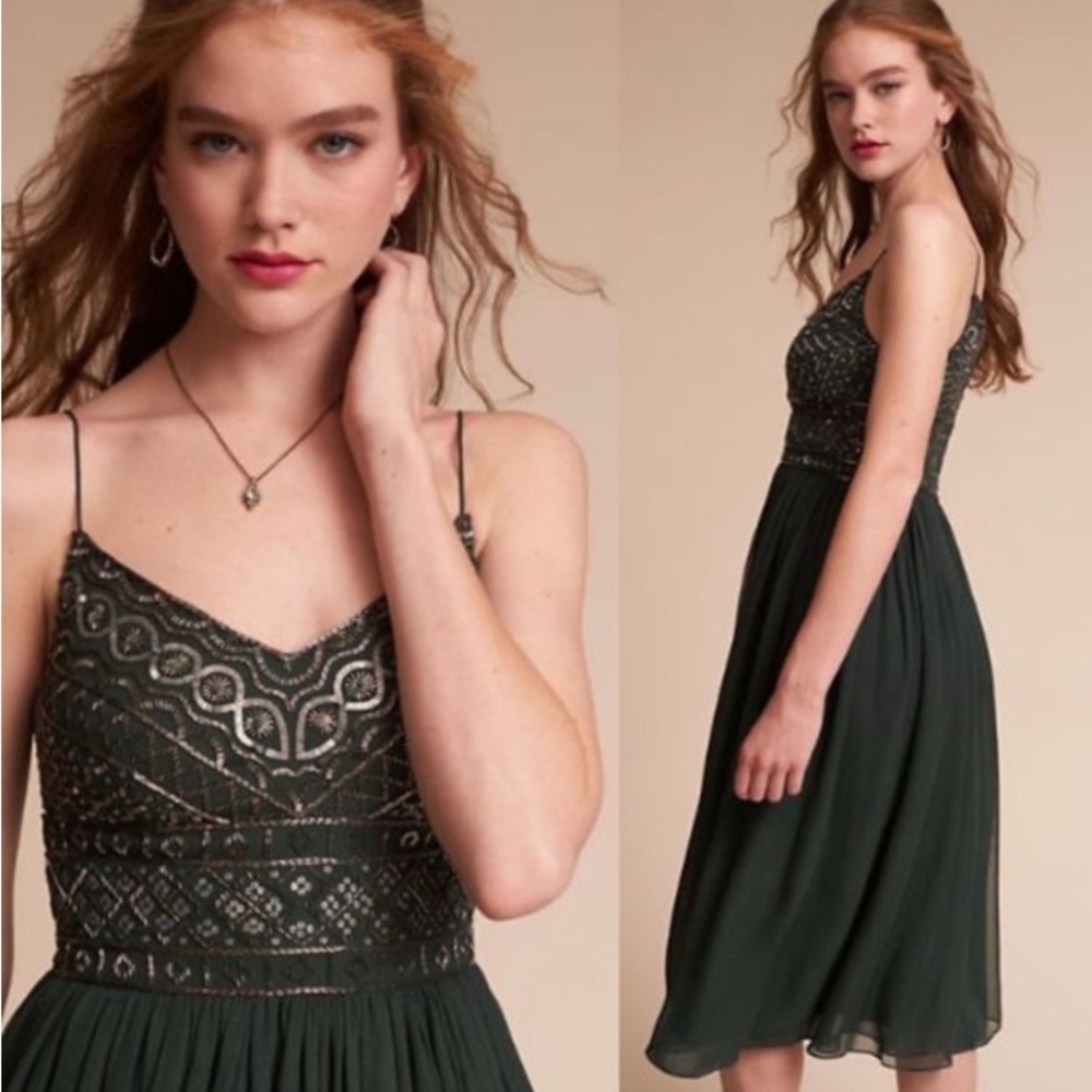 BHLDN Bristol Beaded Forest Green Dress